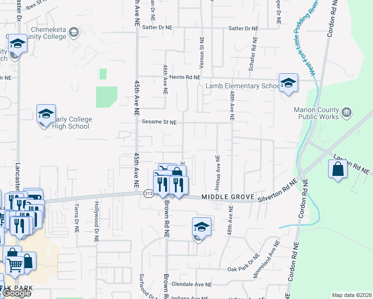 map of restaurants, bars, coffee shops, grocery stores, and more near 4721 Dalke Court Northeast in Salem
