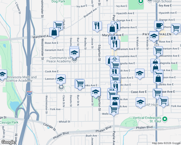 map of restaurants, bars, coffee shops, grocery stores, and more near 1054 Bradley Street in Saint Paul