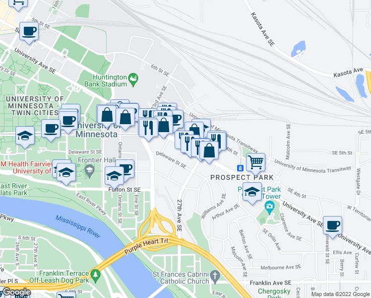 map of restaurants, bars, coffee shops, grocery stores, and more near 2600 Southeast University Avenue in Minneapolis