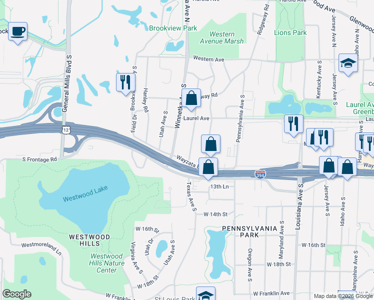 map of restaurants, bars, coffee shops, grocery stores, and more near 845 Winnetka Avenue South in Golden Valley