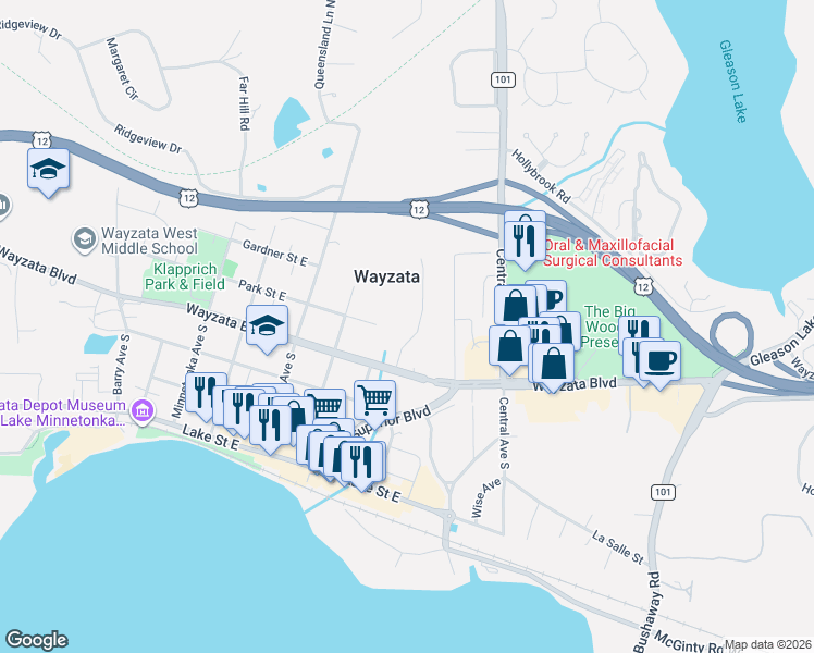 map of restaurants, bars, coffee shops, grocery stores, and more near 191 Glenbrook Road North in Wayzata