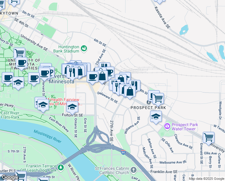 map of restaurants, bars, coffee shops, grocery stores, and more near 2550 University Avenue Southeast in Saint Paul