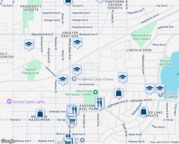 map of restaurants, bars, coffee shops, grocery stores, and more near 1840 East Mechanic Avenue in Saint Paul
