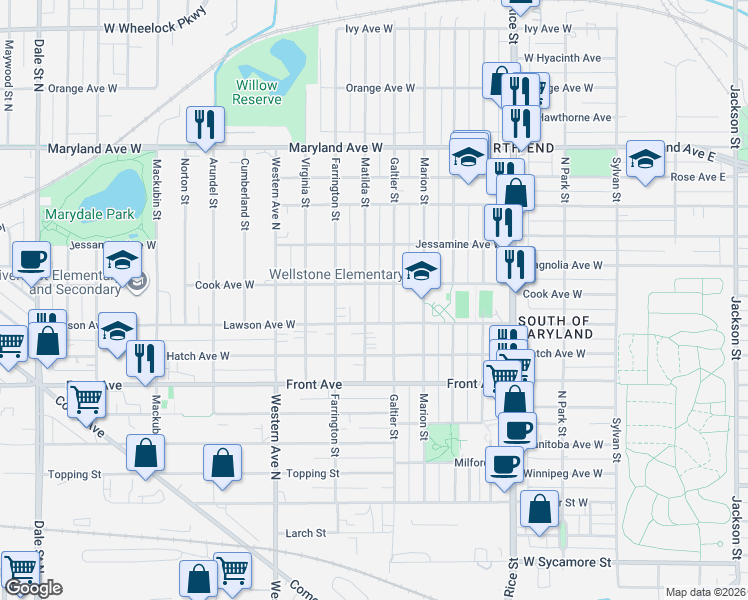 map of restaurants, bars, coffee shops, grocery stores, and more near 1053 Matilda Street in Saint Paul