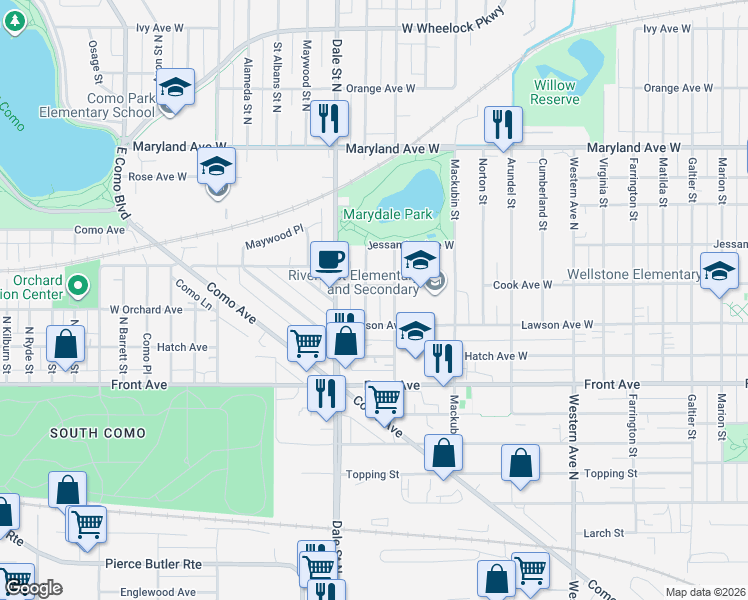 map of restaurants, bars, coffee shops, grocery stores, and more near 1054 Loeb Street in Saint Paul