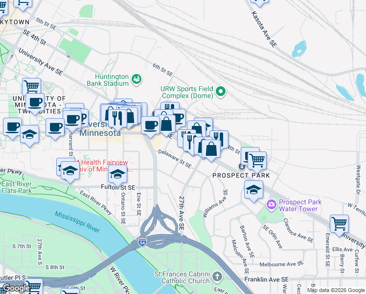 map of restaurants, bars, coffee shops, grocery stores, and more near 2550 University Avenue Southeast in Saint Paul