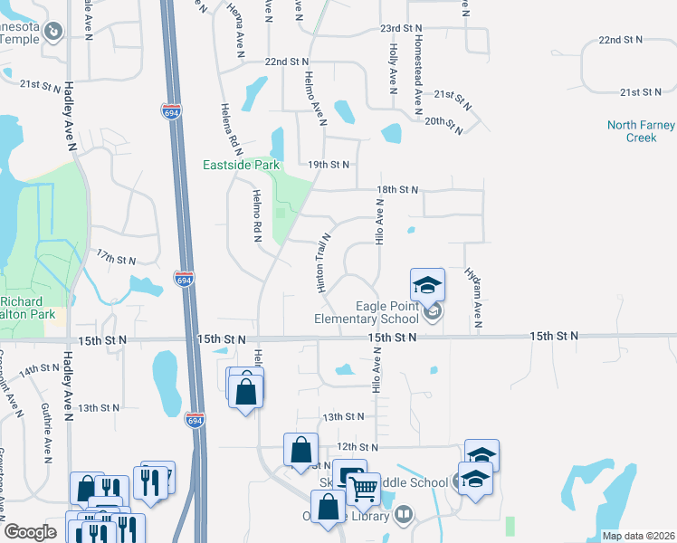 map of restaurants, bars, coffee shops, grocery stores, and more near 1674 Heron Lane North in Oakdale