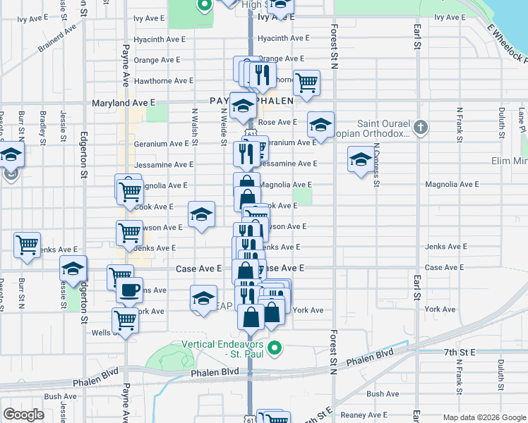 map of restaurants, bars, coffee shops, grocery stores, and more near 851 Cook Avenue in Saint Paul