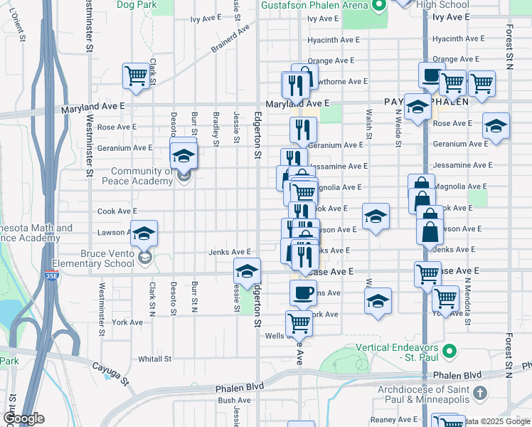 map of restaurants, bars, coffee shops, grocery stores, and more near 588 Cook Avenue East in Saint Paul