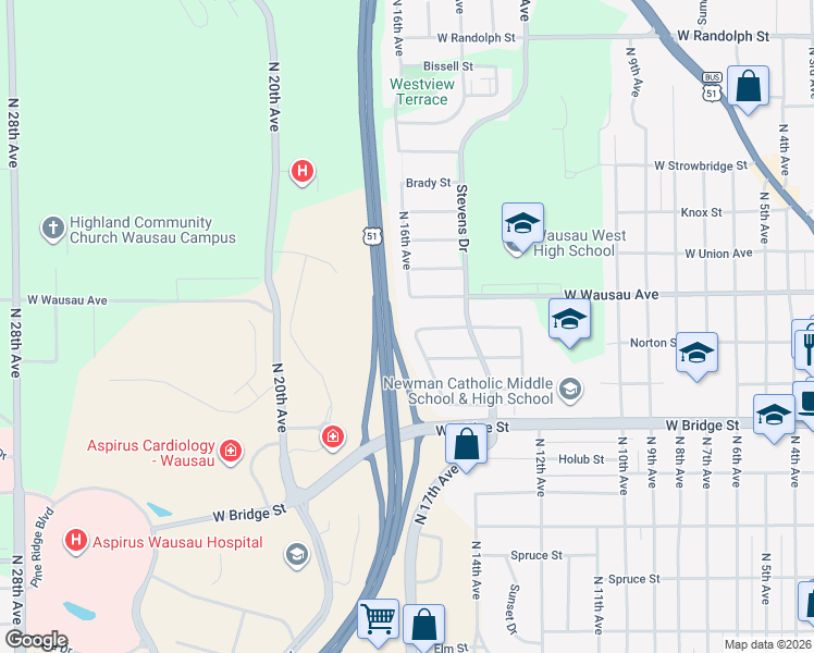 map of restaurants, bars, coffee shops, grocery stores, and more near 1514 Norton Street in Wausau