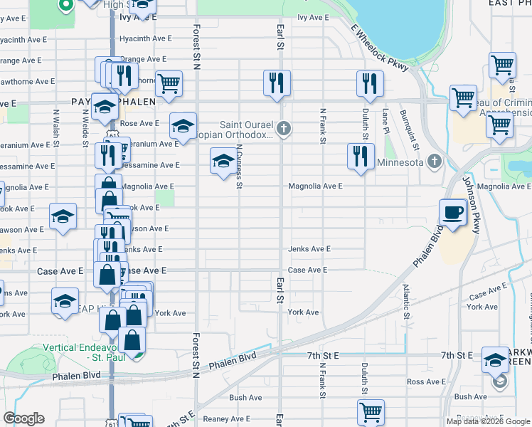 map of restaurants, bars, coffee shops, grocery stores, and more near 1032 Cook Avenue in Saint Paul