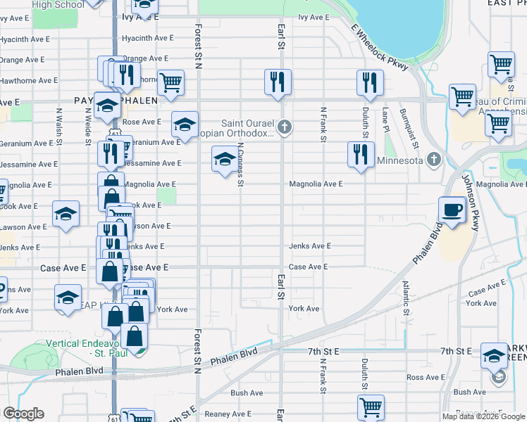 map of restaurants, bars, coffee shops, grocery stores, and more near 1032 Cook Avenue in Saint Paul