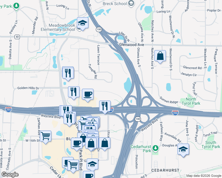 map of restaurants, bars, coffee shops, grocery stores, and more near 5120 Circle Down in Minneapolis