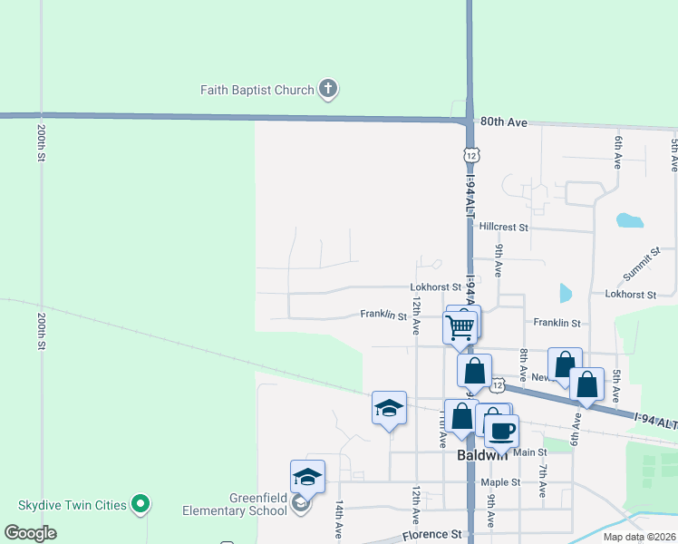 map of restaurants, bars, coffee shops, grocery stores, and more near 1390 Summit Street in Baldwin