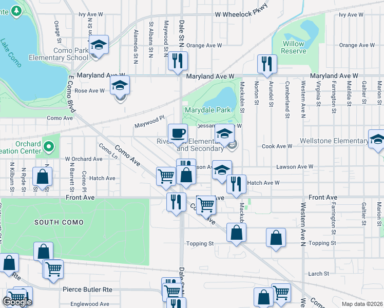 map of restaurants, bars, coffee shops, grocery stores, and more near 1052 Dale Street North in Saint Paul