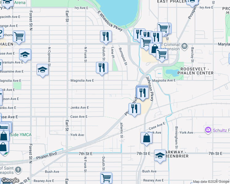 map of restaurants, bars, coffee shops, grocery stores, and more near 1210 Cook Avenue in Saint Paul