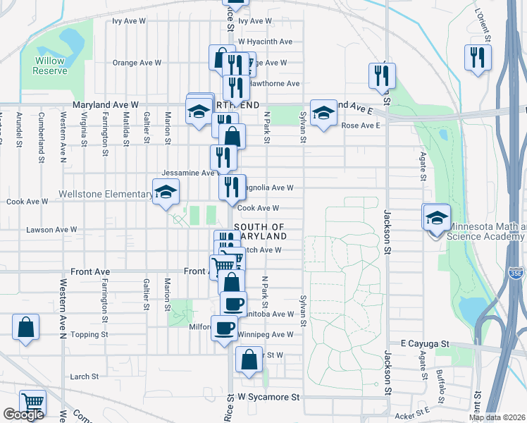 map of restaurants, bars, coffee shops, grocery stores, and more near 85 Cook Avenue West in Saint Paul