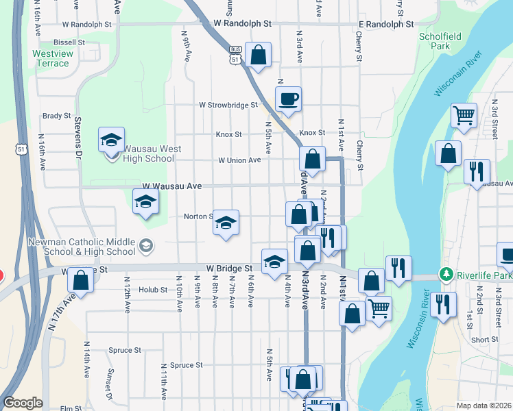 map of restaurants, bars, coffee shops, grocery stores, and more near 816 North 6th Avenue in Wausau