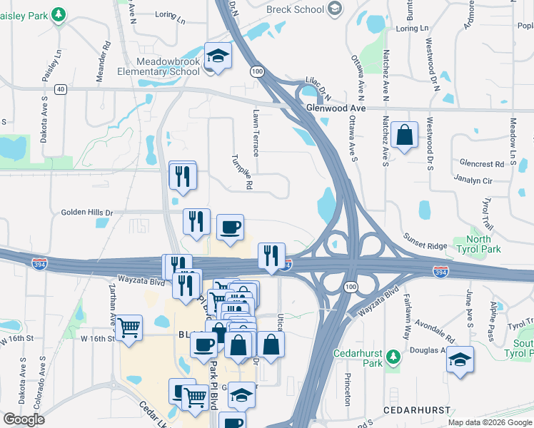 map of restaurants, bars, coffee shops, grocery stores, and more near 5230 Circle Down in Minneapolis