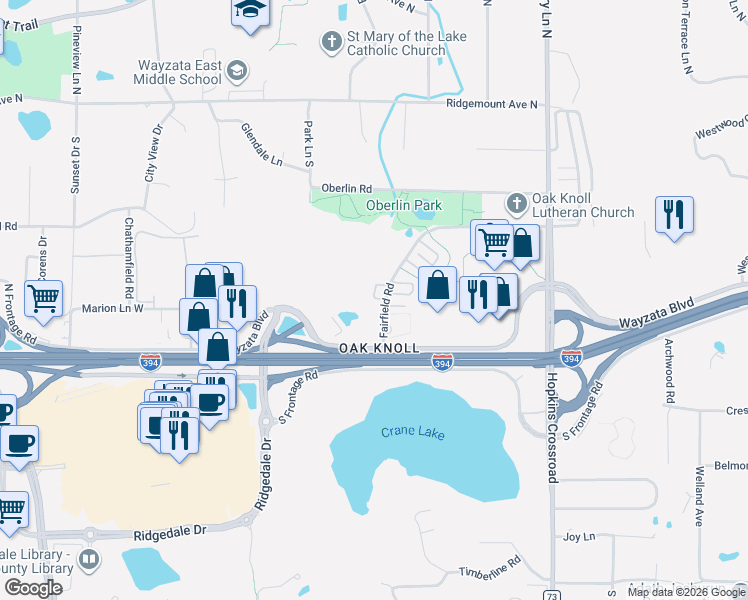 map of restaurants, bars, coffee shops, grocery stores, and more near 947 Fairfield Court in Minnetonka