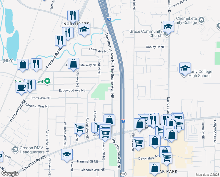 map of restaurants, bars, coffee shops, grocery stores, and more near 3719 Hawthorne Avenue Northeast in Salem
