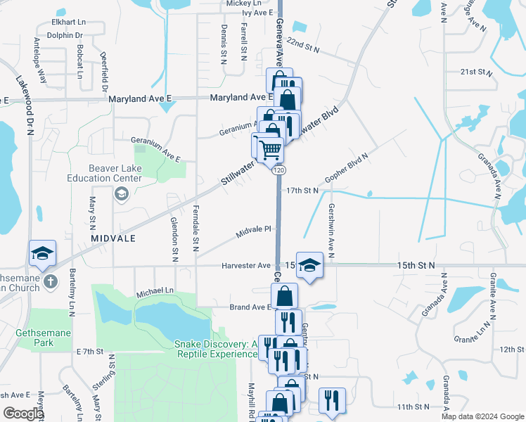 map of restaurants, bars, coffee shops, grocery stores, and more near 1037 Century Avenue North in Maplewood
