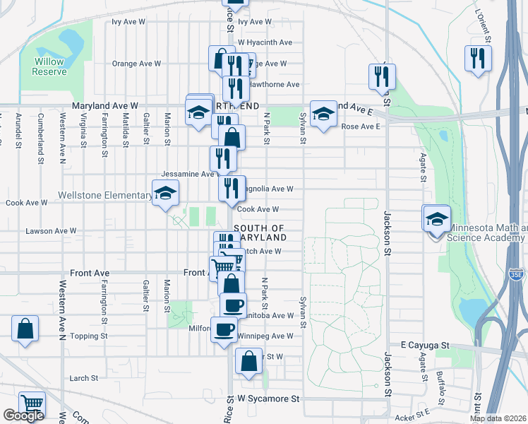 map of restaurants, bars, coffee shops, grocery stores, and more near 85 Cook Avenue West in Saint Paul