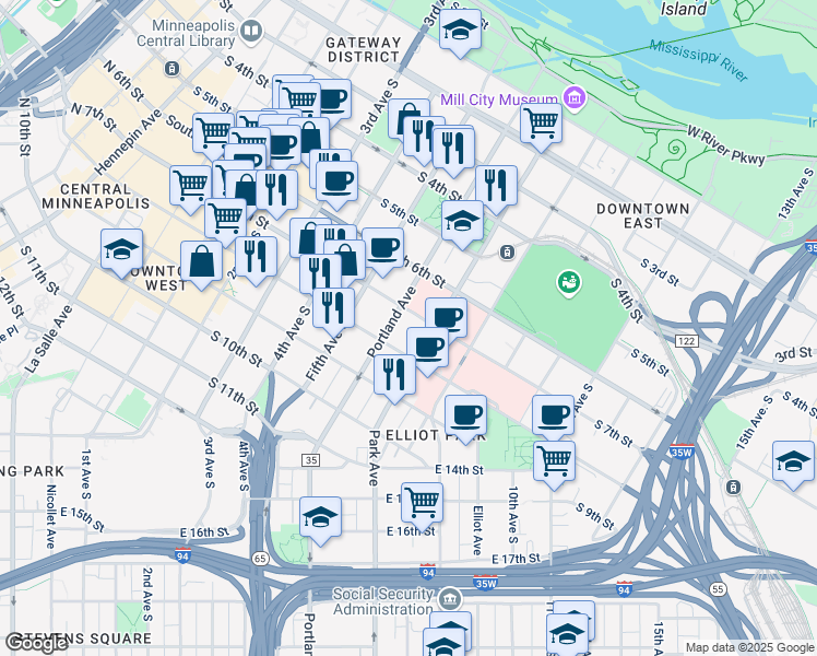 map of restaurants, bars, coffee shops, grocery stores, and more near 705 Portland Avenue in Minneapolis