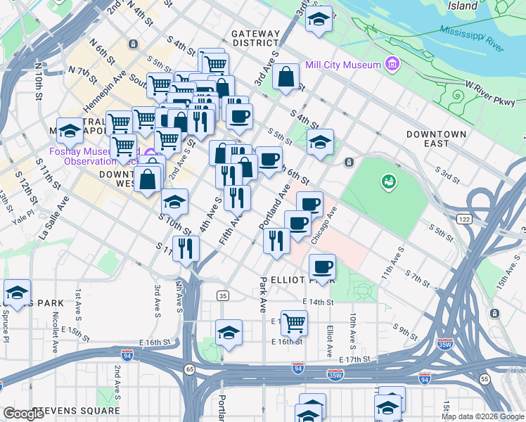 map of restaurants, bars, coffee shops, grocery stores, and more near 510 South 8th Street in Minneapolis