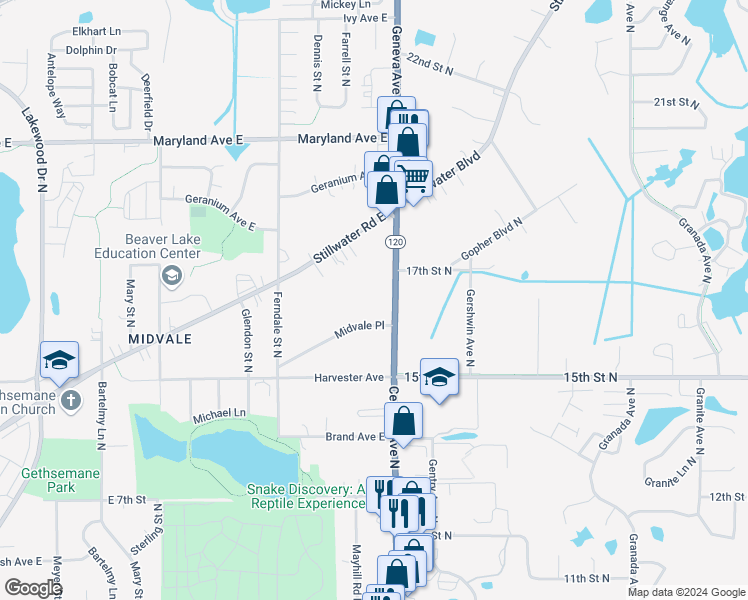 map of restaurants, bars, coffee shops, grocery stores, and more near 1037 Century Avenue North in Maplewood