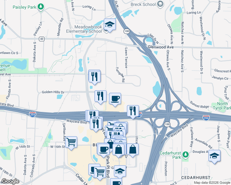 map of restaurants, bars, coffee shops, grocery stores, and more near 5400 Circle Down in Minneapolis