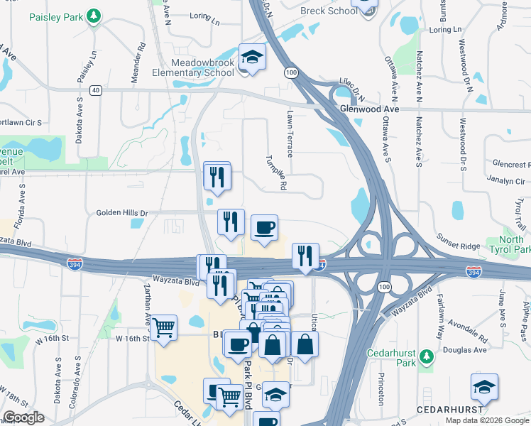 map of restaurants, bars, coffee shops, grocery stores, and more near 5400 Circle Down in Minneapolis