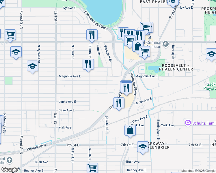 map of restaurants, bars, coffee shops, grocery stores, and more near 1240 Cook Avenue in Saint Paul