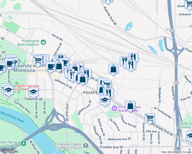 map of restaurants, bars, coffee shops, grocery stores, and more near 2813 Southeast 4th Street in Minneapolis