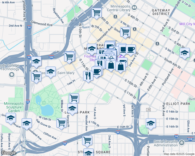 map of restaurants, bars, coffee shops, grocery stores, and more near 1100 Nicollet Mall in Minneapolis