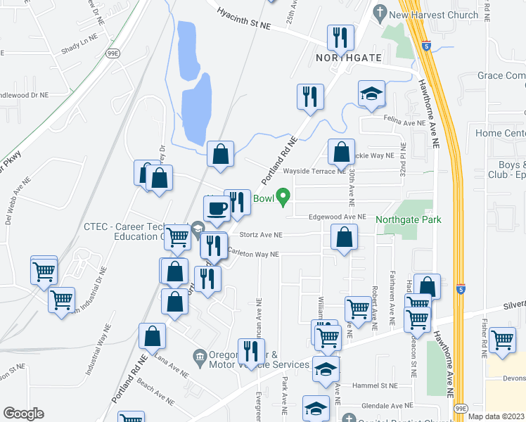 map of restaurants, bars, coffee shops, grocery stores, and more near 2320 Northgate Avenue Northeast in Salem