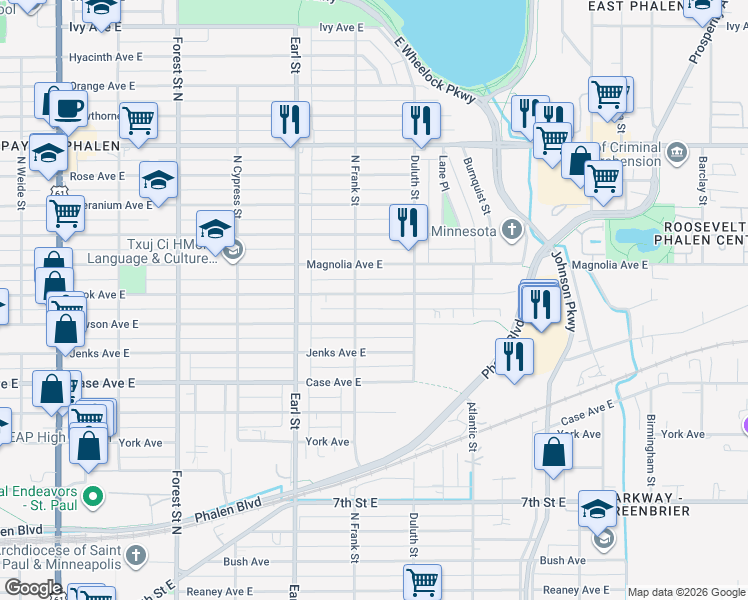 map of restaurants, bars, coffee shops, grocery stores, and more near 1138 Cook Avenue in Saint Paul