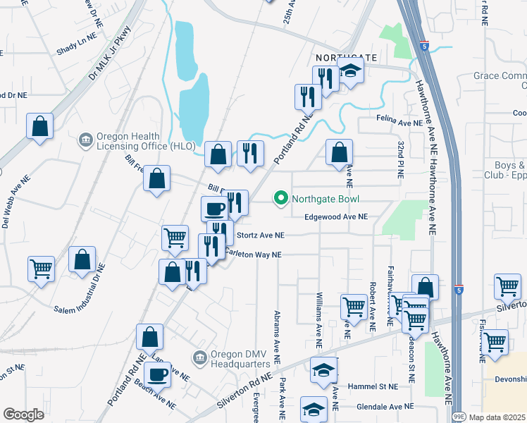 map of restaurants, bars, coffee shops, grocery stores, and more near 2350 Northgate Avenue Northeast in Salem