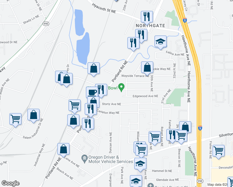 map of restaurants, bars, coffee shops, grocery stores, and more near 2364 Northgate Avenue Northeast in Salem