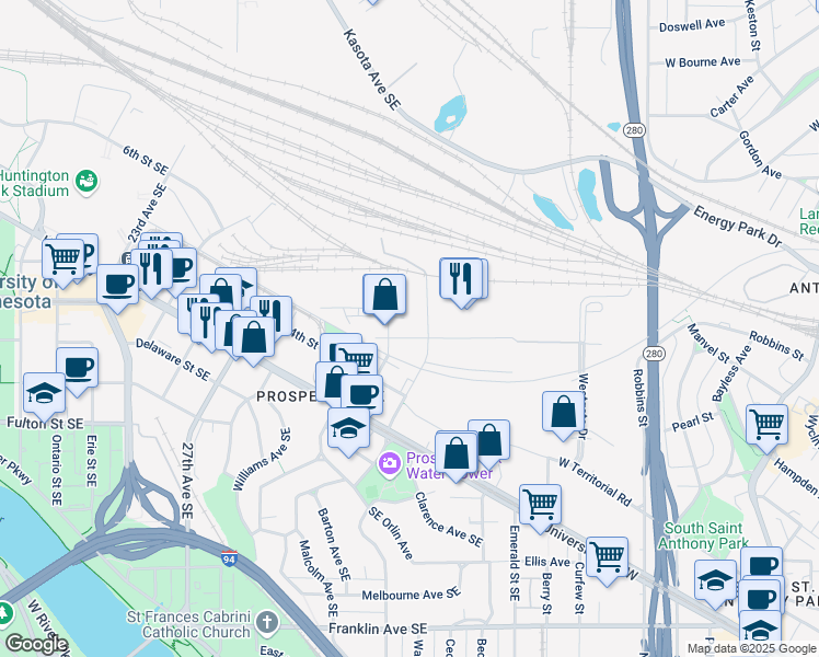 map of restaurants, bars, coffee shops, grocery stores, and more near 501 Malcolm Avenue Southeast in Minneapolis