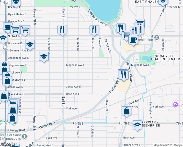 map of restaurants, bars, coffee shops, grocery stores, and more near 1176 Cook Avenue East in Saint Paul