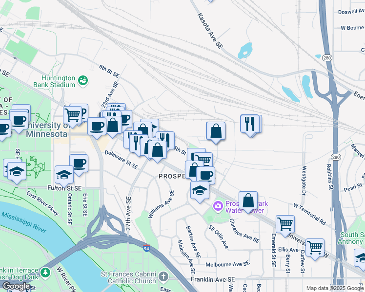 map of restaurants, bars, coffee shops, grocery stores, and more near 2899 Southeast 4th Street in Minneapolis
