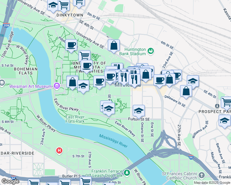 map of restaurants, bars, coffee shops, grocery stores, and more near 659 Delaware Street Southeast in Minneapolis