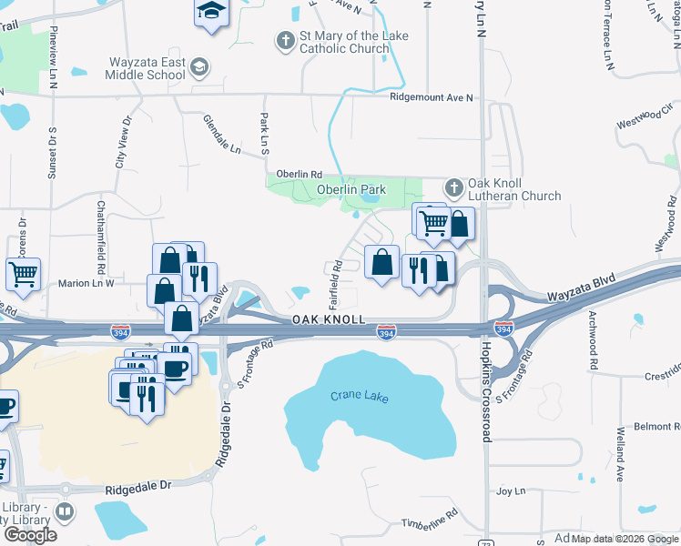 map of restaurants, bars, coffee shops, grocery stores, and more near 947 Fairfield Court in Minnetonka