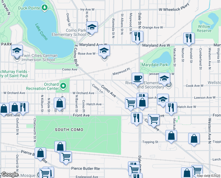map of restaurants, bars, coffee shops, grocery stores, and more near 749 Como Avenue in Saint Paul