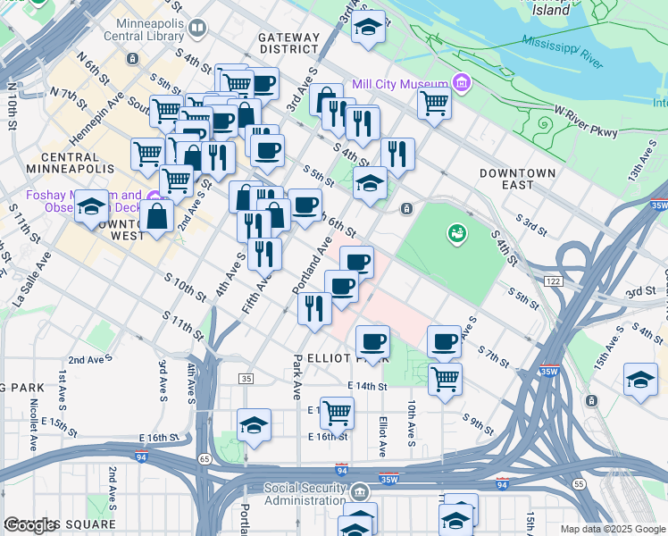 map of restaurants, bars, coffee shops, grocery stores, and more near 705 Portland Avenue in Minneapolis