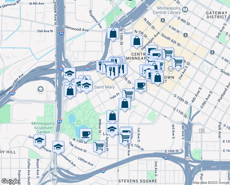 map of restaurants, bars, coffee shops, grocery stores, and more near 1212 Yale Place in Minneapolis