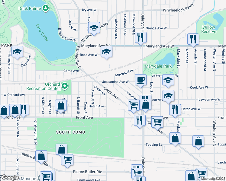 map of restaurants, bars, coffee shops, grocery stores, and more near 749 Como Avenue in Saint Paul