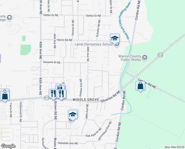 map of restaurants, bars, coffee shops, grocery stores, and more near 4848 Ricks Lane Northeast in Salem