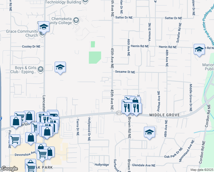 map of restaurants, bars, coffee shops, grocery stores, and more near 4495 Pacifica Way Northeast in Salem